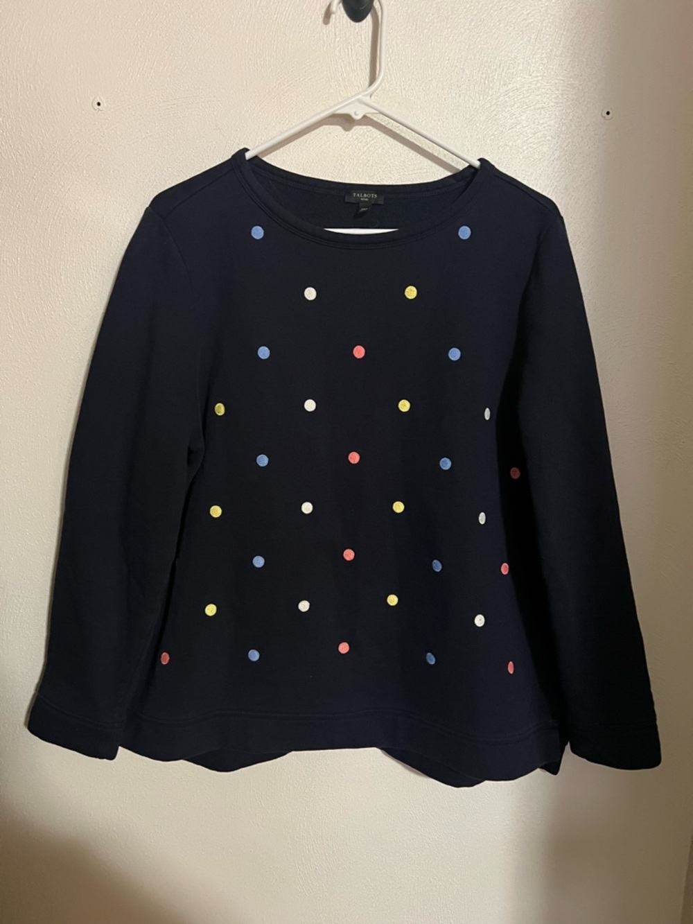 TALBOTS Classic Embroidered Polka Dot Crew Neck Sweatshirt Navy Blue Women's XLP
